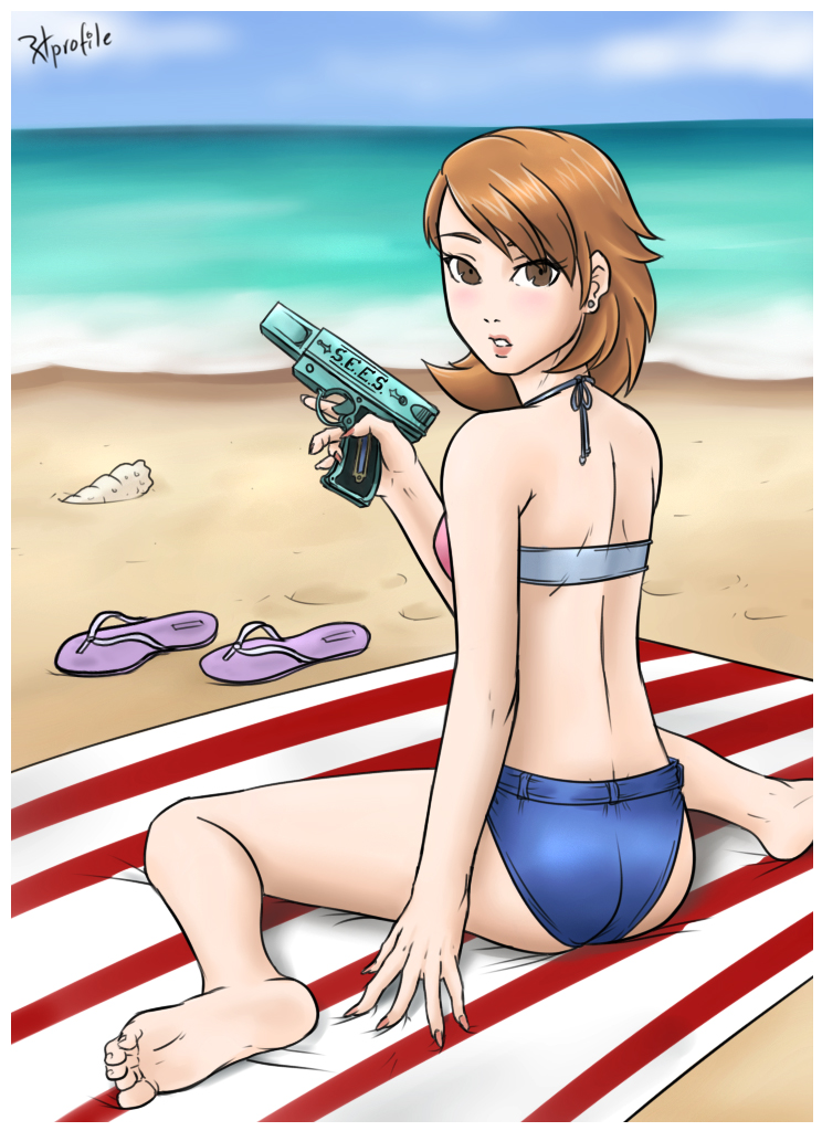 1girl ass back beach beach_towel bikini brown_eyes brown_hair earrings evoker jewelry looking_back ocean persona persona_3 ramiro_de_la_cruz s.e.e.s sandals_removed short_hair sitting soles solo swimsuit takeba_yukari toes wariza