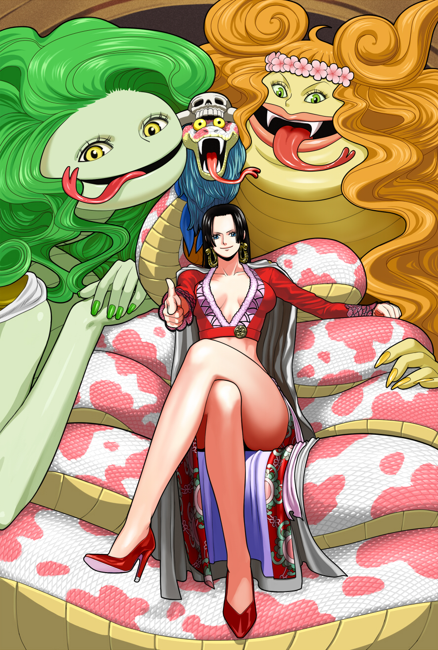 3girls amazon black_hair blue_eyes boa_hancock boa_marigold boa_sandersonia breasts cape center_opening convenient_leg crossed_legs earrings fangs flower forked_tongue green_eyes green_hair green_nails green_skin hair_flower hair_ornament high_heels highres horns jewelry large_breasts long_hair long_sleeves looking_at_viewer midriff multiple_girls one_piece orange_hair pointing pointing_at_viewer salome_(one_piece) siblings sisters sitting_on_animal skull smile snake suyu38 tongue yellow_eyes yellow_nails yellow_sclera yellow_skin