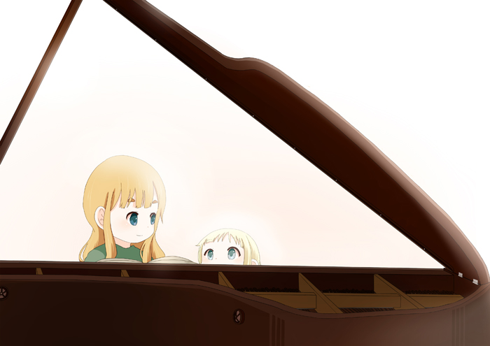 2girls blonde_hair blue_eyes child instrument k-on! kotobuki_tsumugi multiple_girls piano saitou_sumire tagme younger