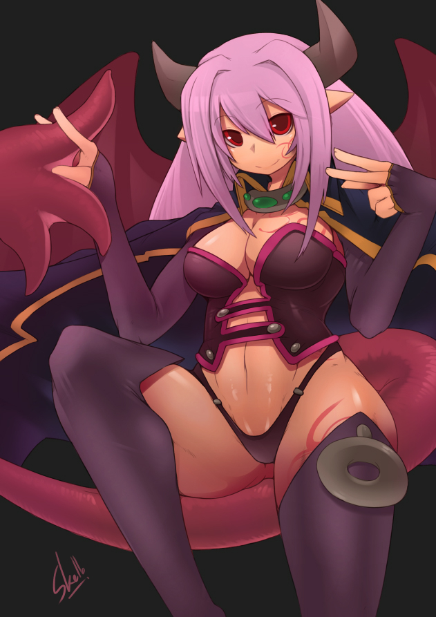 1girl alma_elma artist_name bangs black_background breasts cape cleavage collar demon_girl elbow_gloves fingerless_gloves gloves horns long_hair looking_at_viewer mon-musu_quest! monster_girl panties purple_hair red_eyes simple_background skello-on-ice smile solo succubus tail tattoo thighhighs underwear wings