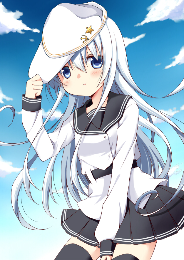 1girl adjusting_clothes adjusting_hat black_legwear blue_eyes blue_hair blue_sky blush clouds hammer_and_sickle hat hibiki_(kantai_collection) kantai_collection long_hair open_mouth oumi_neneha personification pleated_skirt silver_hair skirt sky solo star thighhighs verniy_(kantai_collection)