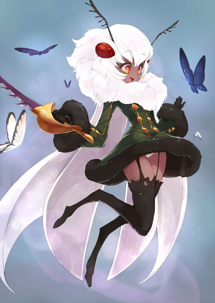 1girl antennae ario butterfly dark_skin dress fur_coat fur_trim garter_straps gloves insect_girl jumping larvesta open_mouth panties pantyshot personification pokemon revision solo sword thighhighs underwear weapon white_hair wings