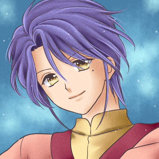 1boy face fushigi_yuugi looking_at_viewer male mole nuriko purple_hair short_hair smile wink yellow_eyes yuzuki_kaoru