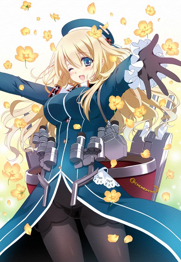 1girl atago_(kantai_collection) beret black_gloves blonde_hair blue_eyes blush breasts carnelian flower gloves hat kantai_collection large_breasts open_mouth outstretched_arms pantyhose solo wink