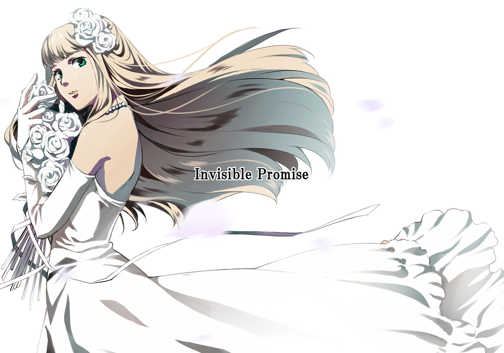back bouquet brown_hair dress english flower gloves green_eyes gundam gundam_wing jewelry lips long_hair looking_at_viewer necklace pearl_necklace rei_(usabiba) relena_peacecraft rose solo wedding_dress white_dress white_gloves white_rose
