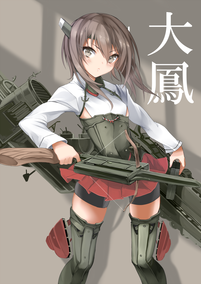 1girl bike_shorts bow_(weapon) brown_eyes brown_hair crossbow flat_chest headband headgear kantai_collection karlwolf looking_at_viewer personification pleated_skirt short_hair skirt solo taihou_(kantai_collection) thighhighs weapon