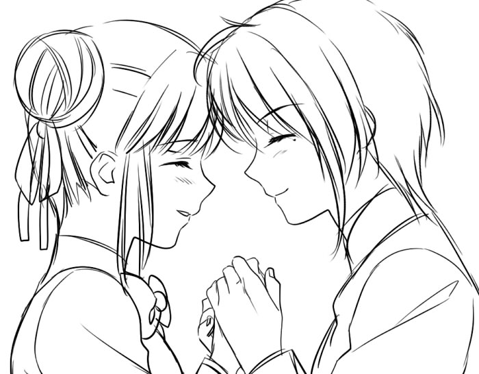 1boy blush bow couple fushigi_yuugi hair_bun holding_hands mole monochrome nuriko profile ribbon short_hair sketch smile yuuki_miaka yuzuki_kaoru