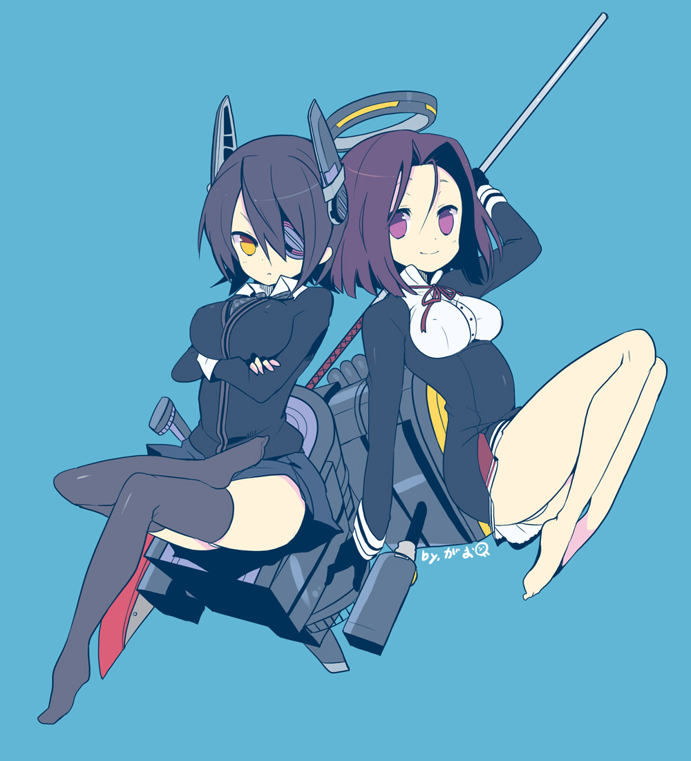 1girl 2girls bare_legs barefoot black_legwear breasts crossed_arms eyepatch glaive gloves headgear kantai_collection mechanical_halo multiple_girls necktie personification purple_hair school_uniform short_hair simple_background skirt smile sword tatsuta_(kantai_collection) tenryuu_(kantai_collection) thighhighs violet_eyes weapon yellow_eyes yuzuki_gao