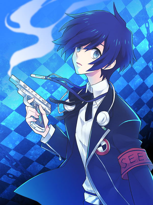 1boy arisato_minato armband blue_eyes blue_hair digital_media_player evoker gun headphones hisagi-y4 male persona persona_3 ribbon school_uniform short_hair smoke smoking_gun weapon yuuki_makoto