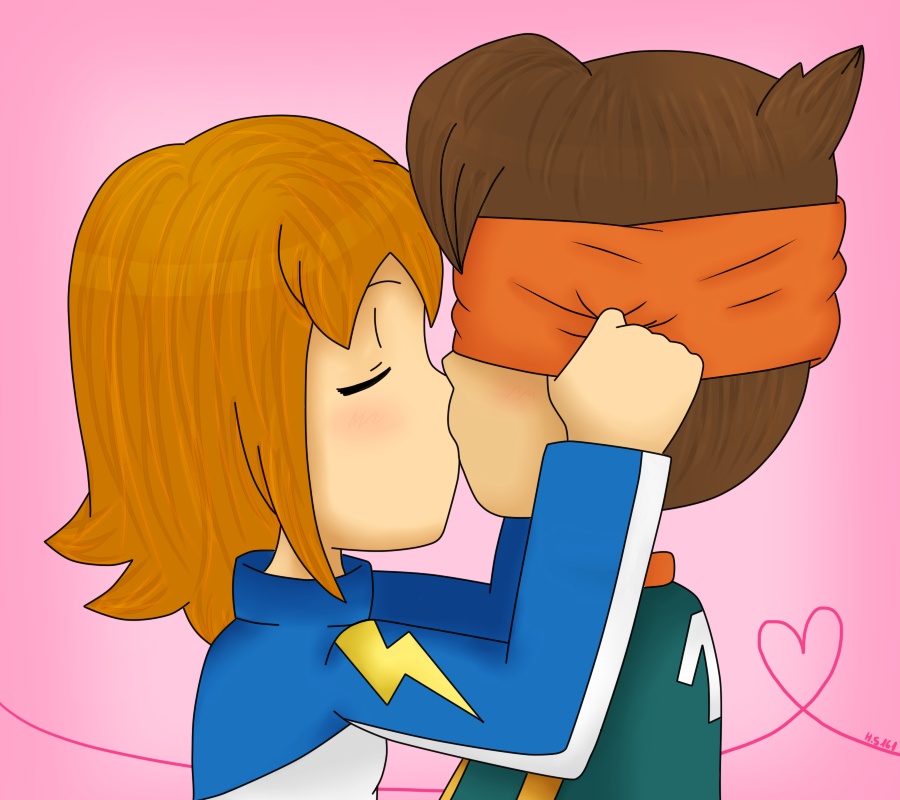 2boys artist_request blonde_hair brown_hair character_request chibi closed_eyes endou_mamoru heart inazuma_eleven kiss multiple_boys pink_background short_hair source_request yaoi