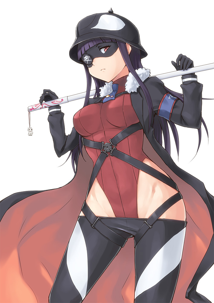 1girl belt black_hair breasts coat eyepatch fur_trim gloves hashi helmet large_breasts leotard long_hair looking_at_viewer lowleg lowleg_pants mask pants plamja-sama red_eyes sekai_seifuku:_bouryaku_no_zvezda shikabane_itsuka simple_background solo sword weapon white_background wide_hips