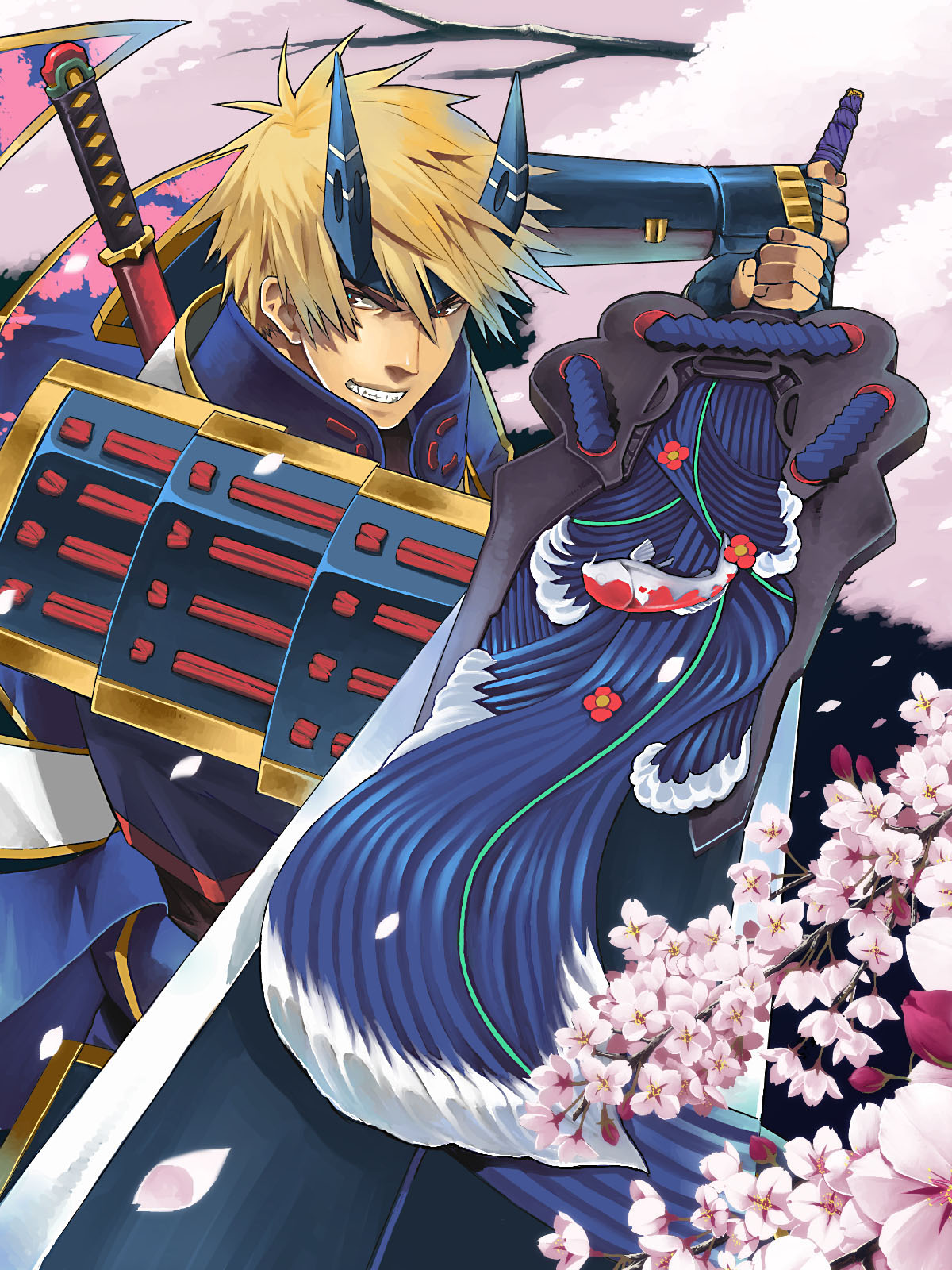 1boy armor blonde_hair cherry_blossoms highres horns kaijin_no_souki onimusha onimusha:_dawn_of_dreams samurai_armor sode solo sword tktg weapon