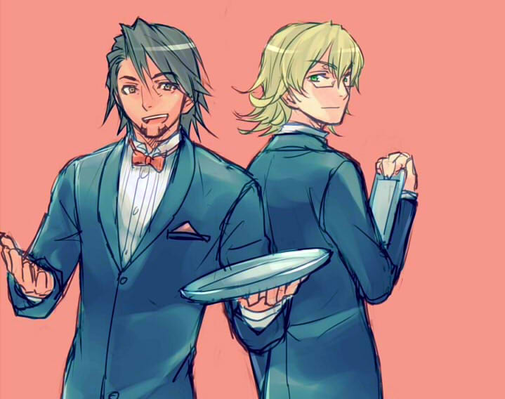 2boys alternate_costume barnaby_brooks_jr black_hair blonde_hair bowtie clipboard facial_hair formal glasses green_eyes grey_eyes kaburagi_t_kotetsu looking_back multiple_boys open_mouth smile suit tiger_&amp;_bunny tray waiter wanko_(takohati8)