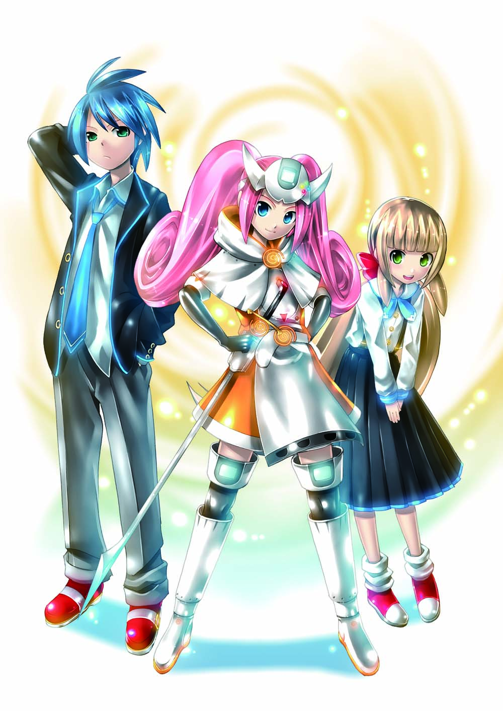 1boy 2girls blue_eyes blue_hair boots dreamcast forehead_protector gendai_nihon_ni_yattekita_sega_no_megami_ni_arigachi_na_koto green_eyes highres kei_(keigarou) knee_boots long_skirt loose_necktie magical_girl multiple_girls necktie personification pink_hair school_uniform sega skirt sword thighhighs twintails v_arms weapon