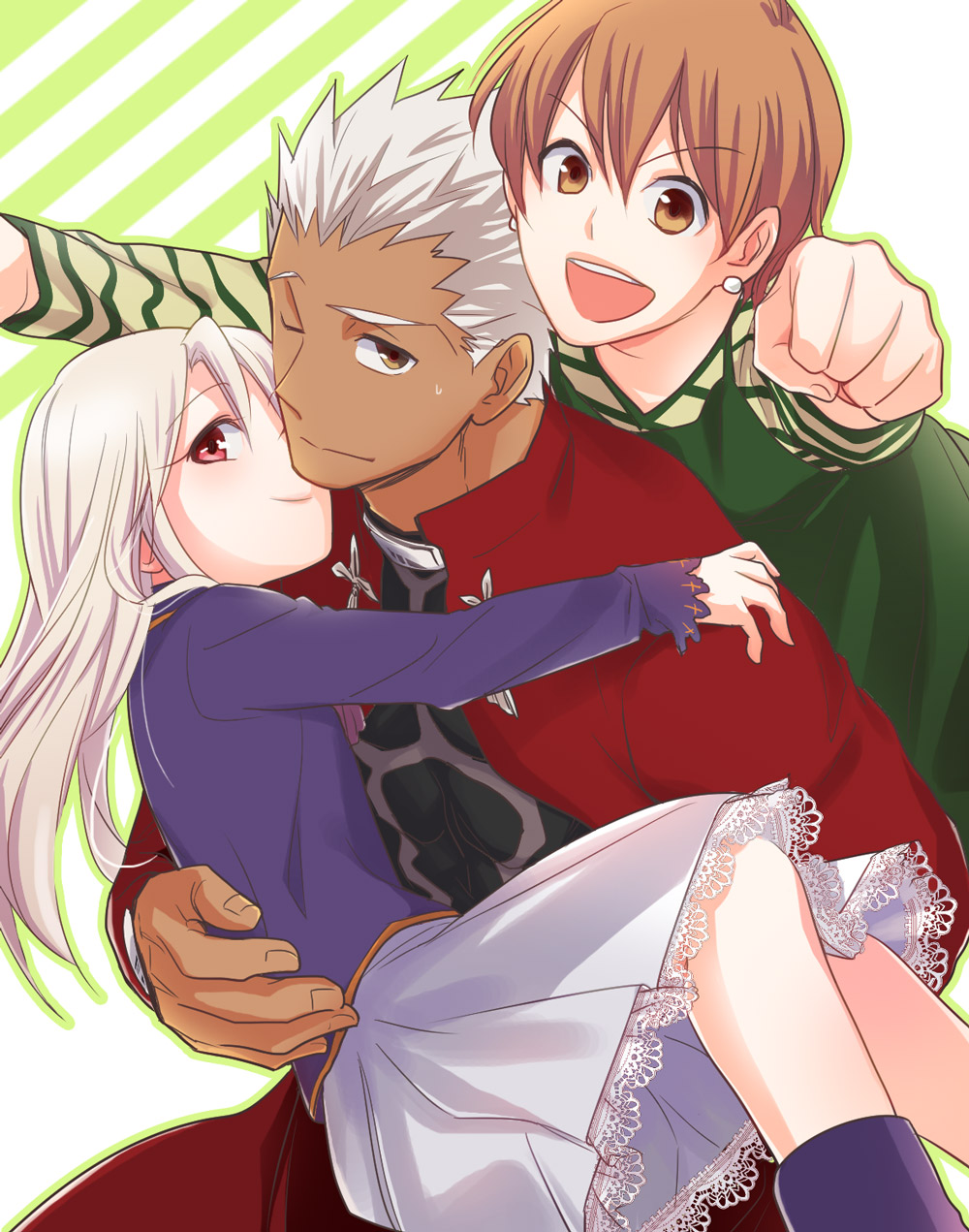 1boy 2girls archer brown_eyes brown_hair dark_skin f-tani fate/stay_night fate_(series) fujimura_taiga highres illyasviel_von_einzbern long_hair multiple_girls red_eyes white_hair