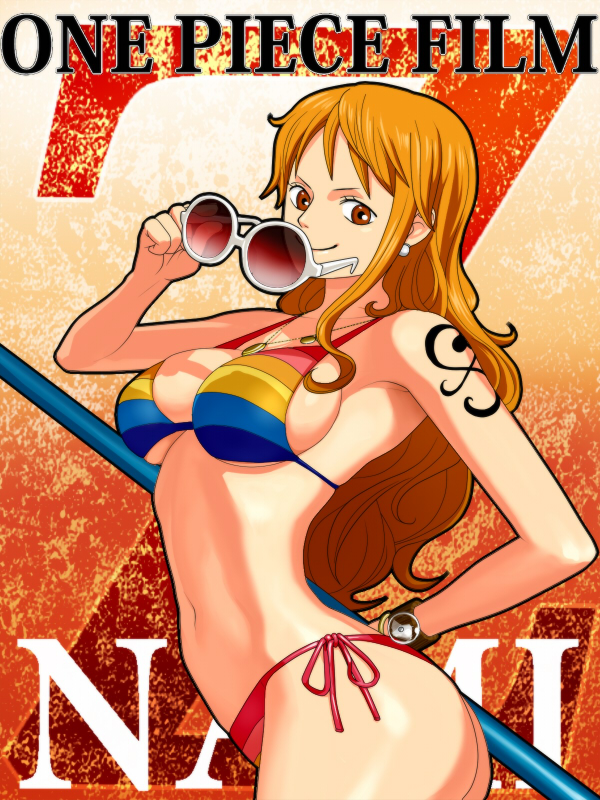 1girl arm_behind_back armpits ass bangle bikini bracelet breasts character_name clima-tact copyright_name cowboy_shot earrings jewelry log_pose long_hair nami navel necklace one_piece one_piece_film_z orange_eyes orange_hair payot shadow side-tie_bikini sideboob smile solo sunglasses_removed suyu38 swimsuit tattoo underboob