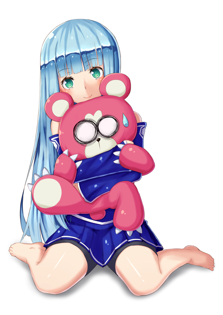 1girl aoki_hagane_no_arpeggio blush detached_sleeves green_eyes iona kirishima_(aoki_hagane_no_arpeggio) long_hair pensuke personification silver_hair skirt smile solo stuffed_animal stuffed_toy teddy_bear very_long_hair