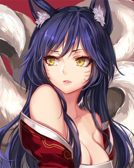 1girl ahri animal_ears bare_shoulders black_hair breasts cleavage facial_mark fox_ears fox_tail large_breasts league_of_legends long_hair momoko_(momopoco) multiple_tails solo tail whisker_markings yellow_eyes