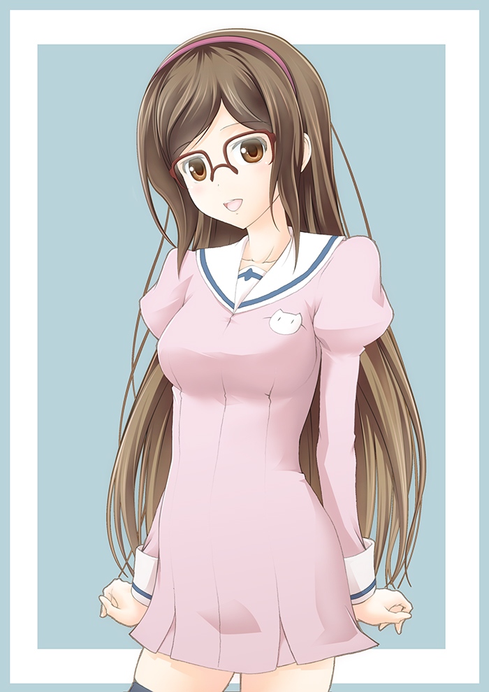 1girl alternate_hair_length alternate_hairstyle brown_eyes brown_hair dress female glasses gundam gundam_build_fighters hair_ornament hairband happy kousaka_china long_hair looking_at_viewer open_mouth school_uniform slowpit smile solo thighhighs thighs