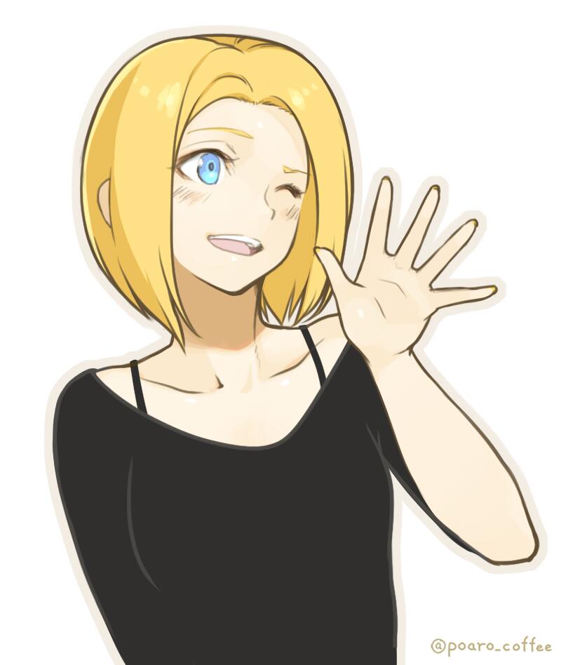 1girl alternate_costume alternate_hairstyle black_shirt blonde_hair blue_eyes blush commentary_request eyelashes fingernails kagamine_rin looking_to_side older outline poaro short_hair simple_background solo strap twitter_username vocaloid waving white_background wink