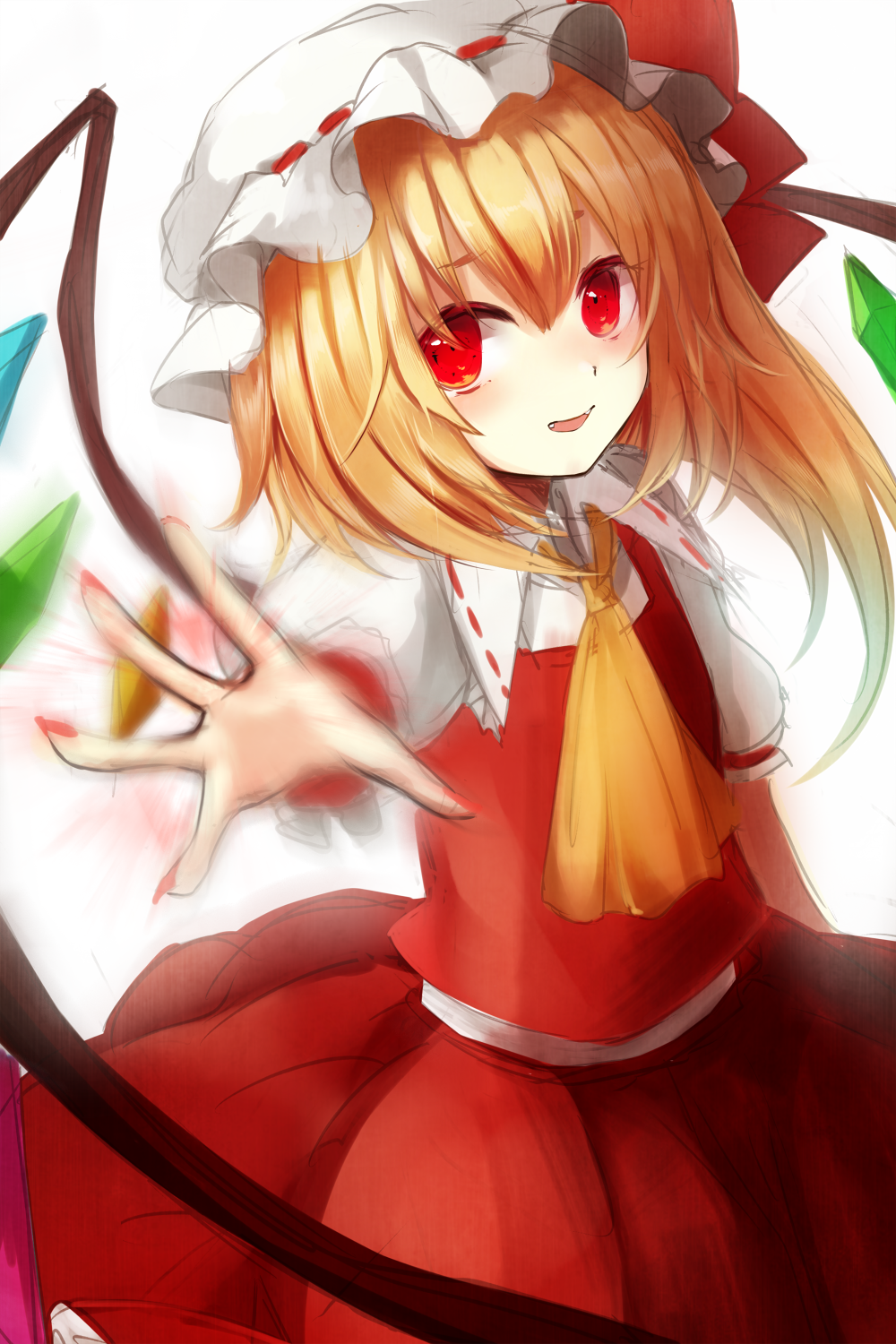 1girl ascot blonde_hair crystal fangs flandre_scarlet hat hat_ribbon highres looking_at_viewer maho_moco mob_cap nail nail_polish outstretched_arms ponytail puffy_sleeves red_eyes ribbon shirt short_sleeves side_ponytail simple_background skirt skirt_set smile solo touhou vest white_background white_shirt wings