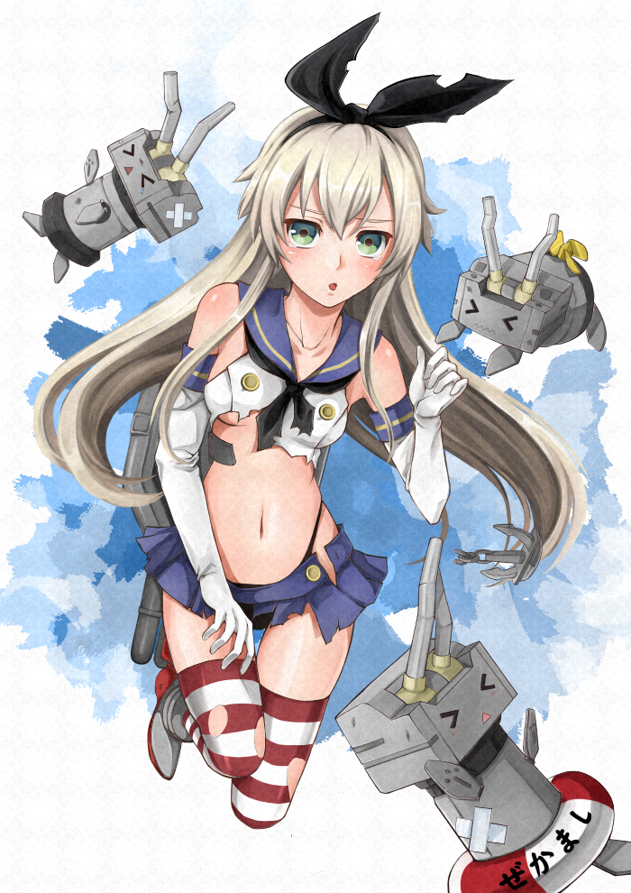 &gt;_&lt; 1girl :o black_panties blonde_hair blush breasts elbow_gloves gloves green_eyes hairband kantai_collection long_hair looking_at_viewer mai_(lavie-papilio) navel panties personification rensouhou-chan shimakaze_(kantai_collection) skirt socks striped striped_legwear tears thighhighs torn_clothes torn_skirt torn_thighhighs underwear white_gloves