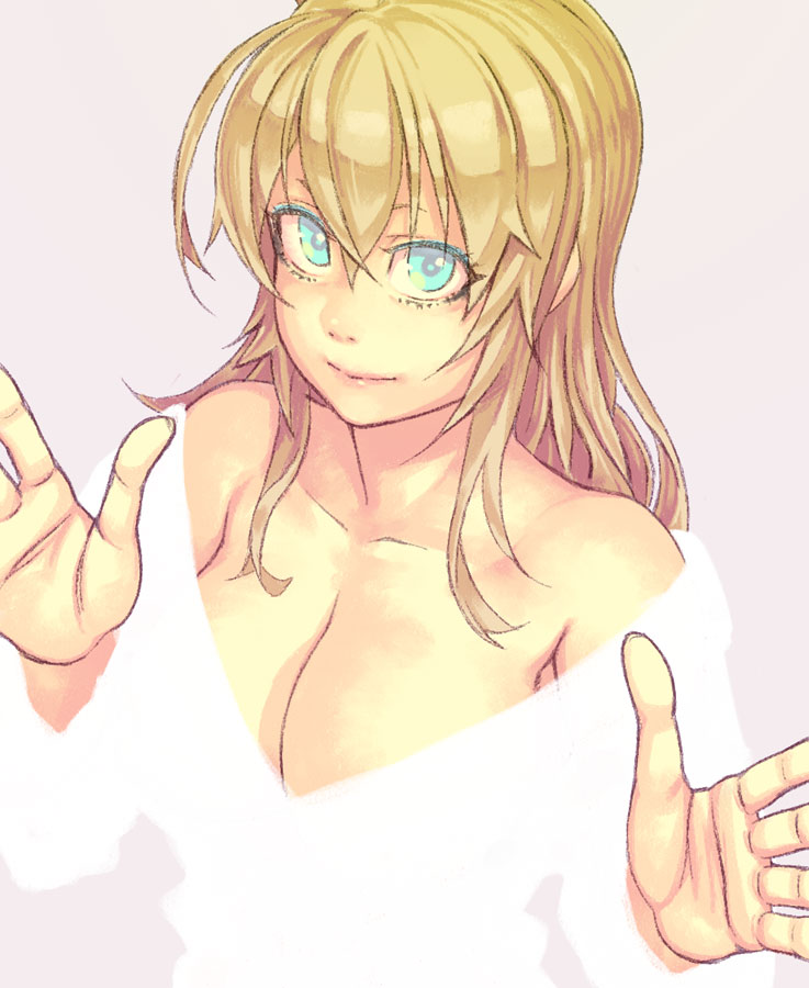 1girl and bare_shoulders blonde_hair blue_eyes breasts bust cleavage long_hair mustard_seeds original smile solo