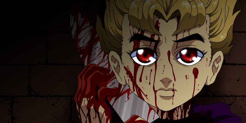 1boy blonde_hair blood blood_on_face bloody_hands bloody_knife butcher_knife hirose_kouichi jojo_no_kimyou_na_bouken kitsune_(ktn999999999) red_eyes solo