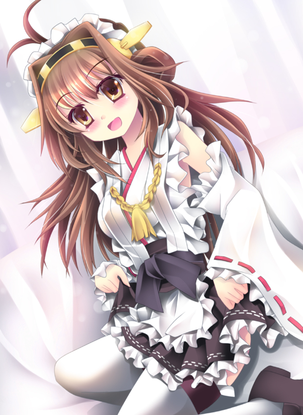 1girl ahoge alternate_costume alternate_legwear apron bare_shoulders blush breasts brown_eyes brown_hair detached_sleeves double_bun enmaided hair_ornament hairband headgear japanese_clothes kantai_collection kongou_(kantai_collection) long_hair maid nontraditional_miko personification skf skirt smile solo thighhighs white_legwear