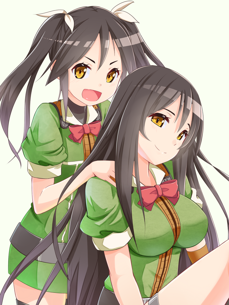 2girls battlegaregga black_hair chikuma_(kantai_collection) hair_ribbon highres kantai_collection looking_at_viewer multiple_girls open_mouth personification ribbon smile thighhighs tone_(kantai_collection) twintails yellow_eyes