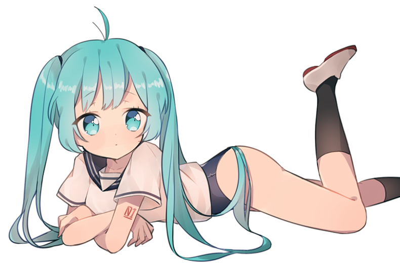 1girl ahoge aqua_eyes aqua_hair crossed_arms hatsune_miku long_hair lying on_stomach sailor_collar simple_background socks solo twintails uttao vocaloid white_background