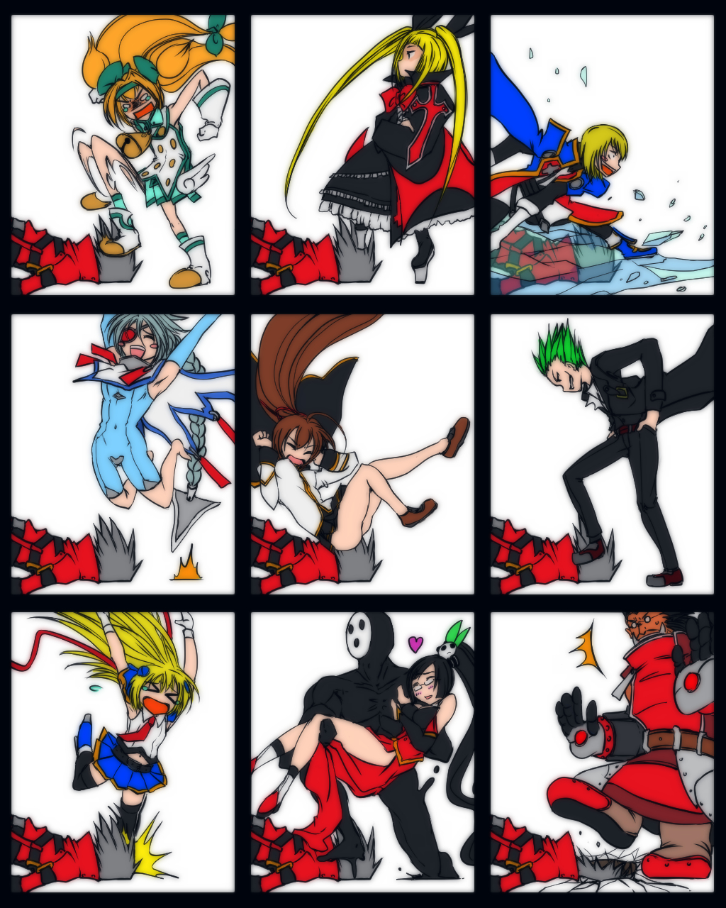 ahoge arakune blazblue blonde_hair bodysuit cape celica_a_mercury eyepatch grimjin hazama highres iron_tager jin_kisaragi litchi_faye_ling noel_vermillion nu-13 platinum_the_trinity rachel_alucard ragna_the_bloodedge silver_hair stepped_on tripping