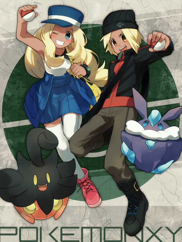 1boy 1girl bag beanie blonde_hair blue_eyes boots brown_eyes calme_(pokemon) carbink copyright_name dark_skin grin handbag hat holding holding_poke_ball noe_yuuhi open_mouth poke_ball poke_ball_theme pokemon pokemon_(game) pokemon_xy pumpkaboo serena_(pokemon) shoulder_bag sleeveless sleeveless_shirt smile thighhighs white_legwear wink