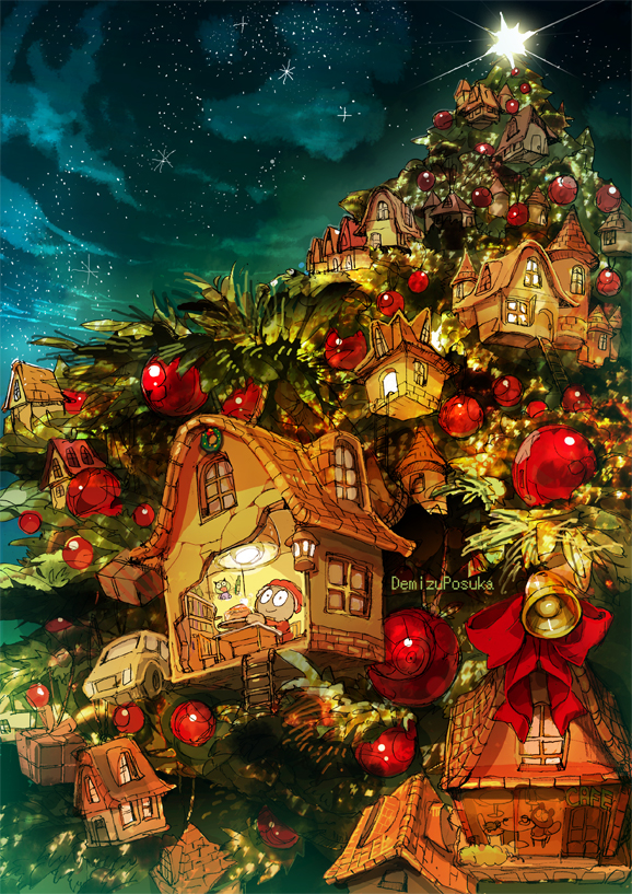 bell christmas christmas_ornaments christmas_tree demizu_posuka hat miniboy original santa_hat sky star_(sky) starry_sky tinsel treehouse