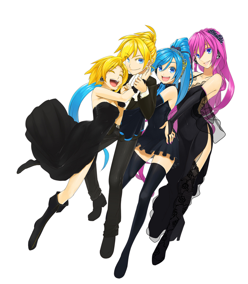 1boy 3girls arched_back belt black_dress black_legwear blonde_hair blue_eyes blue_hair boots bridal_gauntlets closed_eyes colored_eyelashes conga_line detached_sleeves dress elbow_gloves eyelashes fingernails formal gloves hands_on_another's_hips hatsune_miku headphones high_heels high_ponytail kagamine_len kagamine_rin laughing leaning_on_person lips long_hair long_ponytail looking_at_viewer megurine_luka multiple_girls nail_polish open_mouth pink_hair pink_nails poaro print_legwear shoes short_dress short_hair shoulderless_dress siblings side_slit simple_background smile strapless_dress suit texture thighhighs tiara very_long_hair vocaloid white_background wide_sleeves wrist_cuffs zettai_ryouiki