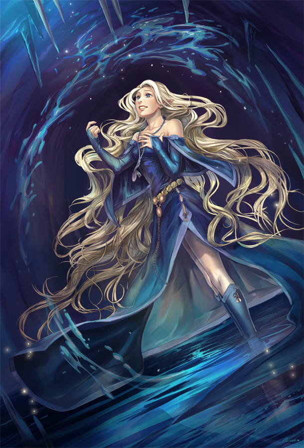 1girl blonde_hair blue_dress blue_eyes boots borrowed_character bridal_gauntlets cleric dress dungeons_and_dragons dutch_angle icicle jewelry knee_boots lips long_hair necklace pointy_ears razuri-chan side_slit smile solo strapless_dress very_long_hair wading water