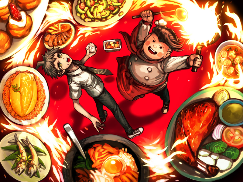 2boys ahoge beef blush_stickers brown_hair chef_hat chef_uniform closed_eyes dangan_ronpa fire fish food food_in_mouth from_above fruit green_eyes hanamura_teruteru hat hinata_hajime multiple_boys onigiri open_mouth salad school_uniform short_hair smile strawberry super_dangan_ronpa_2 tomato zakki