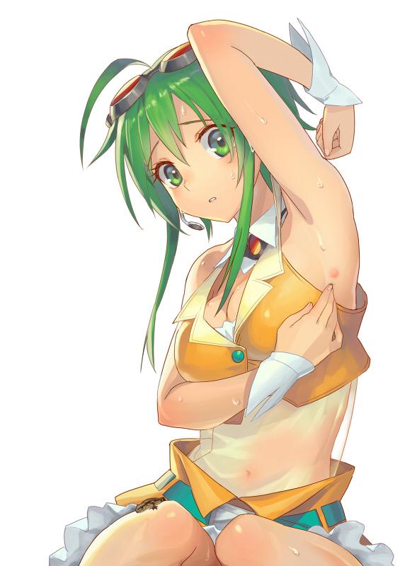 1girl ahoge arm_up armpits bare_shoulders crop_top goggles goggles_on_head green_eyes green_hair gumi navel open_mouth see-through short_hair sitting solo sweat vocaloid washi_no_tosaka