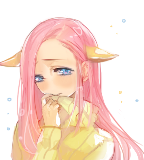 1girl animal_ears blue_eyes extra_ears fluttershy forehead gyehu horse_ears long_hair my_little_pony my_little_pony_friendship_is_magic no_nose personification pink_hair pullover shy solo turtleneck white_background