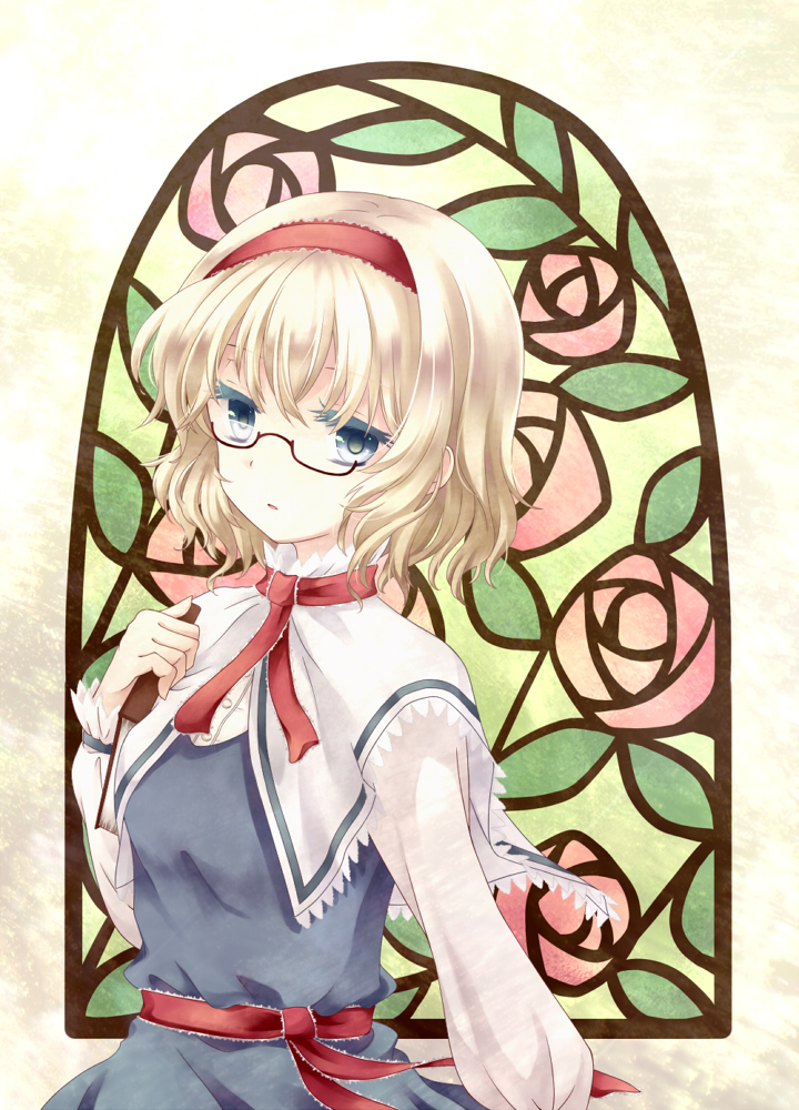 1girl alice_margatroid bespectacled blonde_hair blue_eyes glasses hairband kai_aki short_hair solo stained_glass touhou