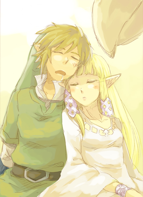 1boy 1girl blonde_hair bracelet couple hat jewelry link loftwing long_hair nintendo pointy_ears princess_zelda saiba_(henrietta) saliva skyward_sword sleeping the_legend_of_zelda