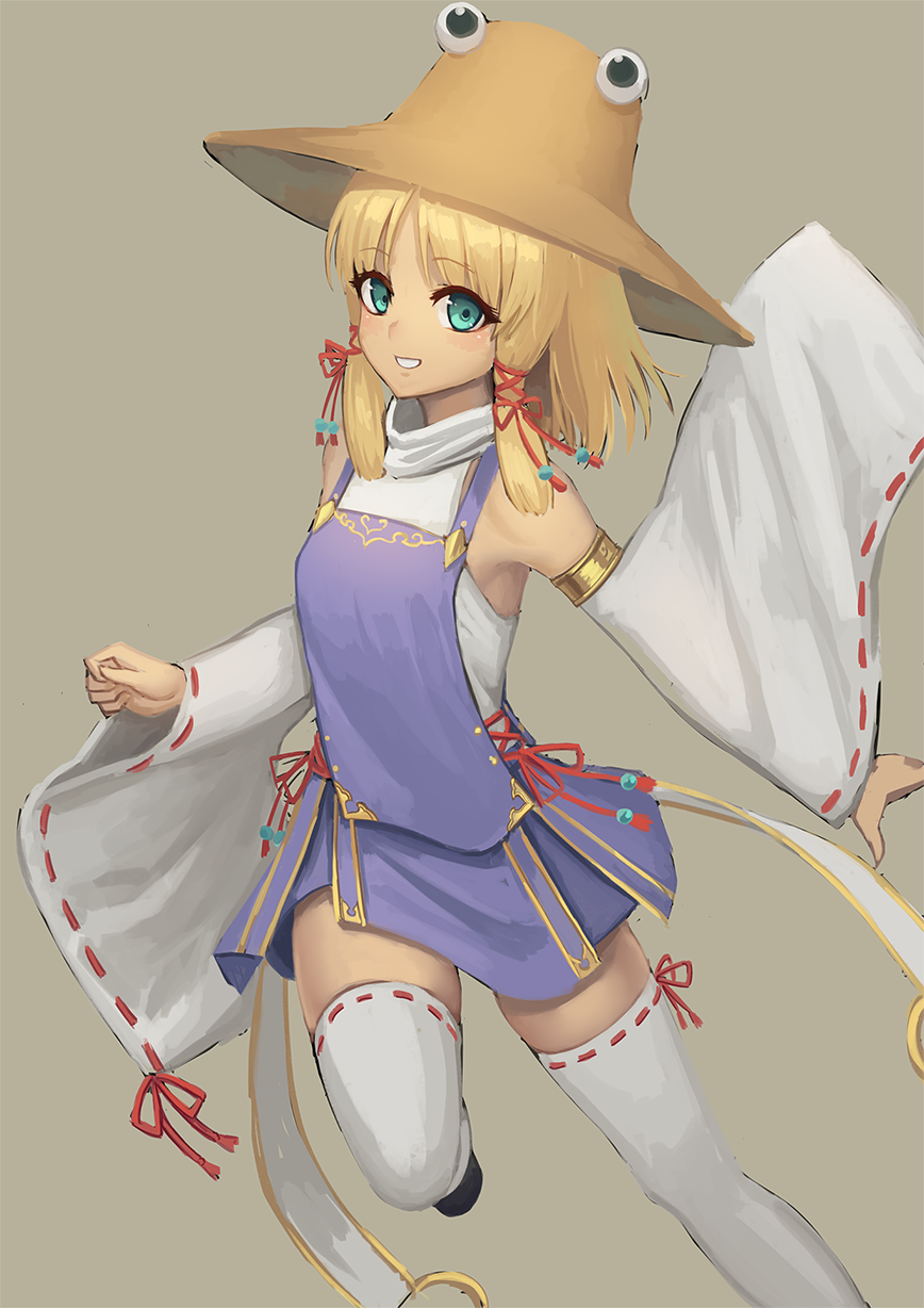 1girl adapted_costume armpits bangs bare_shoulders blonde_hair blush brown_hat commentary_request detached_sleeves eyebrows_visible_through_hair eyelashes grey_background grin hair_ribbon hat highres leg_up long_hair long_sleeves looking_at_viewer moriya_suwako parted_bangs parted_lips purple_skirt ranma_(kamenrideroz) red_ribbon ribbon ribbon-trimmed_legwear ribbon-trimmed_sleeves ribbon_trim sidelocks simple_background skirt smile solo standing standing_on_one_leg tabard tareme thigh-highs touhou turtleneck white_legwear wide_sleeves zettai_ryouiki