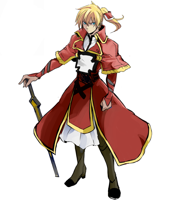 1boy aho-no-ryouiki alternate_color blonde_hair blue_eyes bridal_gauntlets capelet greaves guilty_gear guilty_gear_xrd ky_kiske planted_sword planted_weapon player_2 ponytail solo sword weapon