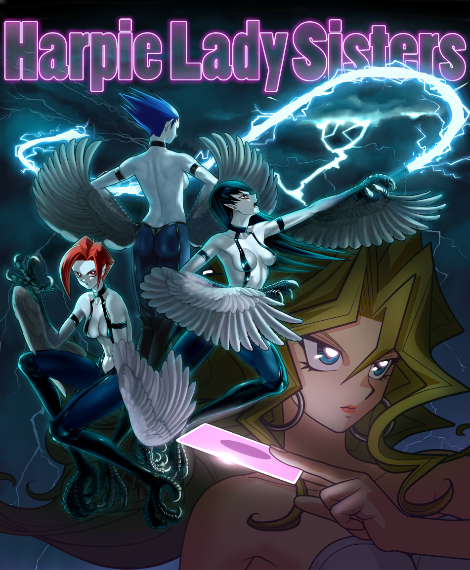 4girls armband armpits blonde_hair blue_eyes blue_hair breasts breasts_apart card character_name claws cleavage duel_monster earrings energy_whip feathered_wings green_hair harpie_lady_sisters harpy holding holding_card jewelry kujaku_mai lightning lipstick long_hair makeup monster_girl multiple_girls navel pointy_ears red_eyes redhead shoulder_blades sideboob smile suspenders suyu38 talons weapon whip white_skin wings yuu-gi-ou yuu-gi-ou_duel_monsters
