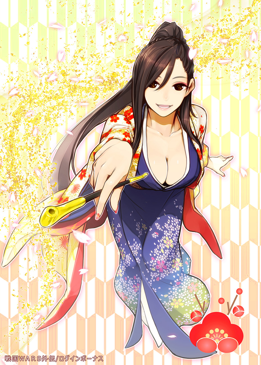 1girl breasts brown_eyes brown_hair character_request cherry_blossoms cleavage collarbone copyright_name eyeshadow facing_viewer fingernails floral_print foreshortening high_ponytail highres japanese_clothes kimono kiseru large_breasts leaning_forward lips long_hair long_ponytail makeup nail_art open_mouth petals pipe poaro ponytail reaching_out red_nails sengoku_wars smile solo yagasuri