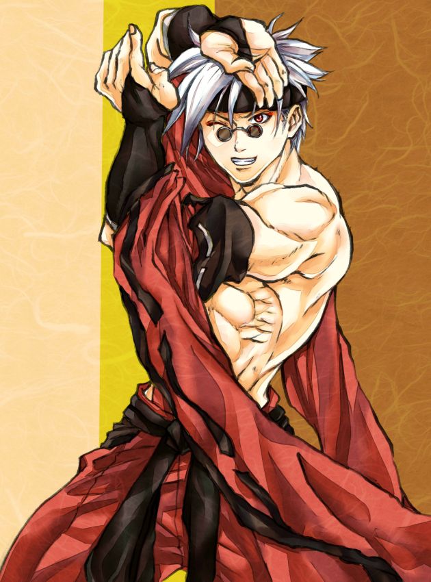1boy abs alternate_color anji_mito bridal_gauntlets detached_sleeves glasses guilty_gear hakama headband japanese_clothes kawo-ri muscle pince-nez pose red_eyes shirtless silver_hair solo sunglasses wink