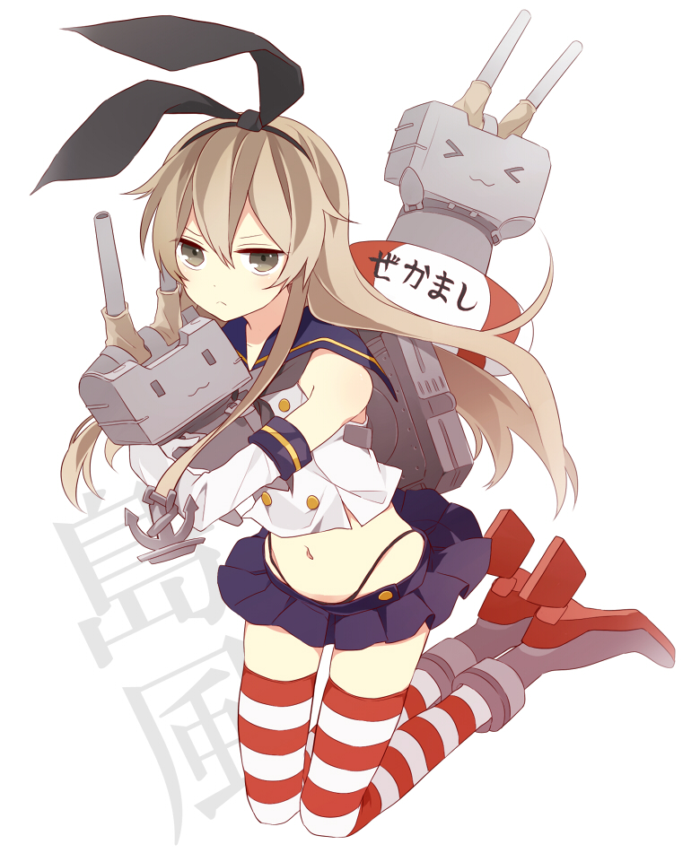 &gt;_&lt; 1girl :3 :c animal_ears backpack bag black_panties blonde_hair bow detached_sleeves fake_animal_ears grey_eyes hair_bow kantai_collection long_hair looking_at_viewer midriff miniskirt navel panties personification rabbit_ears rensouhou-chan school_uniform serafuku shimakaze_(kantai_collection) simple_background skirt solo striped striped_legwear thighhighs underwear uramakaron very_long_hair white_background