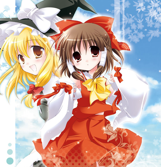 blonde_hair bow brown_eyes brown_hair detached_sleeves hair_ribbon hakurei_reimu hat kirisame_marisa long_hair multiple_girls red_eyes ribbon short_hair touhou white-brown witch_hat yellow_eyes