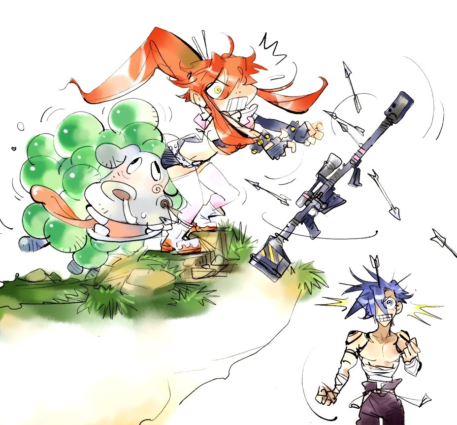 anti-materiel_rifle arrow blue_hair dabosu grape-hippo grin gun headshot kamina messy_hair red_hair redhead rifle sarashi shirtless smile sniper_rifle surprise surprised tattoo tengen_toppa_gurren_lagann traditional_media watercolor_(medium) weapon yellow_eyes yoko_littner yoko_ritona