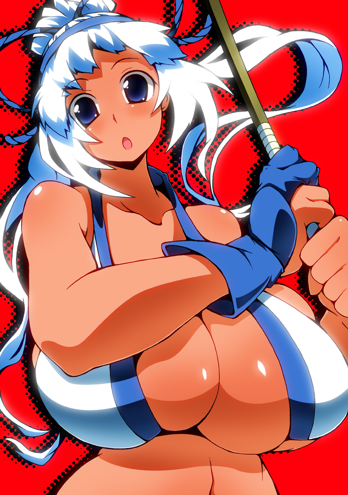 :o blue_eyes breasts cleavage fingerless_gloves gloves huge_breasts majikina_mina samurai_spirits solo tan toudori white_hair